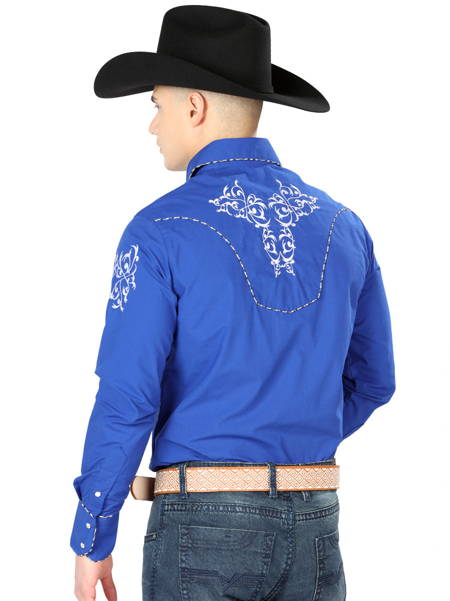 Camisa Manga Larga El General Bordado Vaquero Royal Azul/Blanco