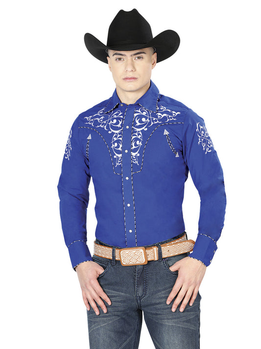 Camisa Vaquera de Hombre El General Manga Larga Bordada Casual en 65% Poliéster 35% Algodón Color Azul/Blanco 40993
