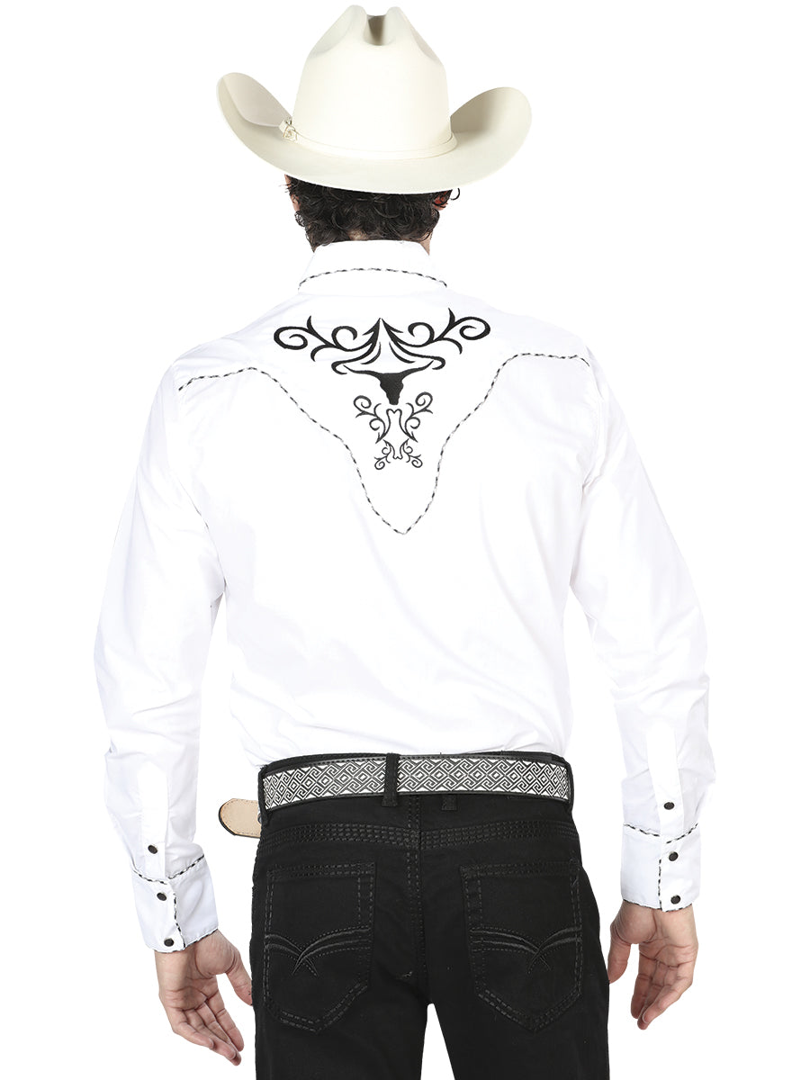 Camisa Manga Larga El General Bordado Vaquero Blanco/Negro