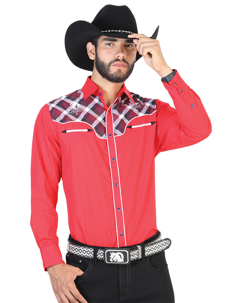 Camisa Manga Larga El General Vaquera Combinada 55% 45%Polyester Roja