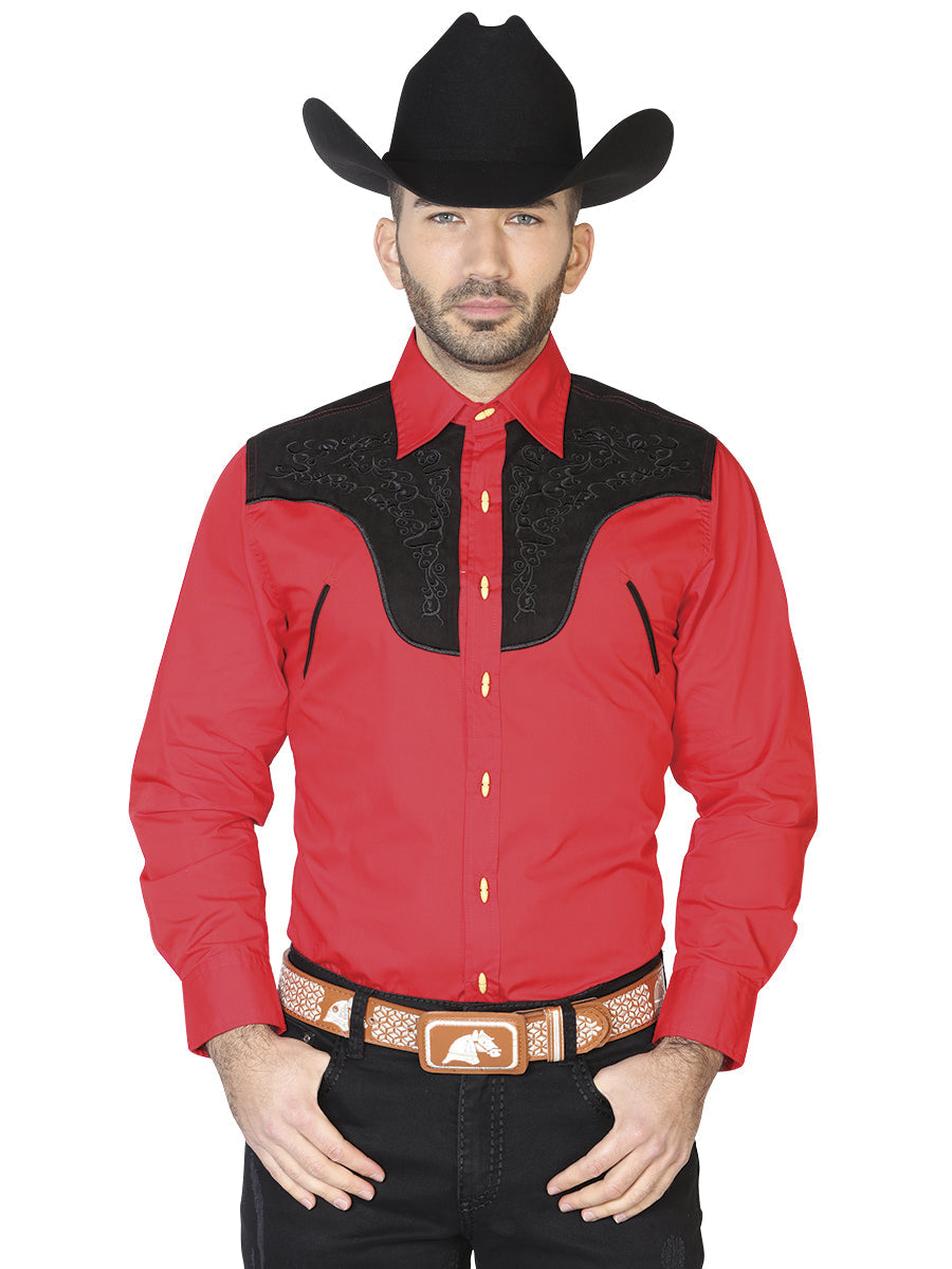 Camisa Manga Larga El General Ante/Bordada 55% 45%Polyester Roja
