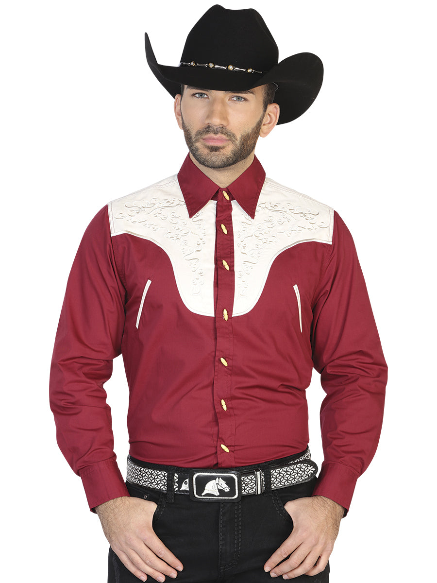 Camisa Manga Larga El General Ante/Bordada 55% 45%Polyester Vino