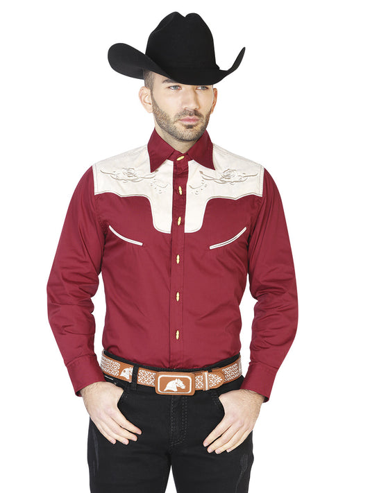 Camisa Vaquera de Hombre El General Ante/bordada 2019-131 Bordada en 55% Algodón 45% Poliéster Color Vino 42592