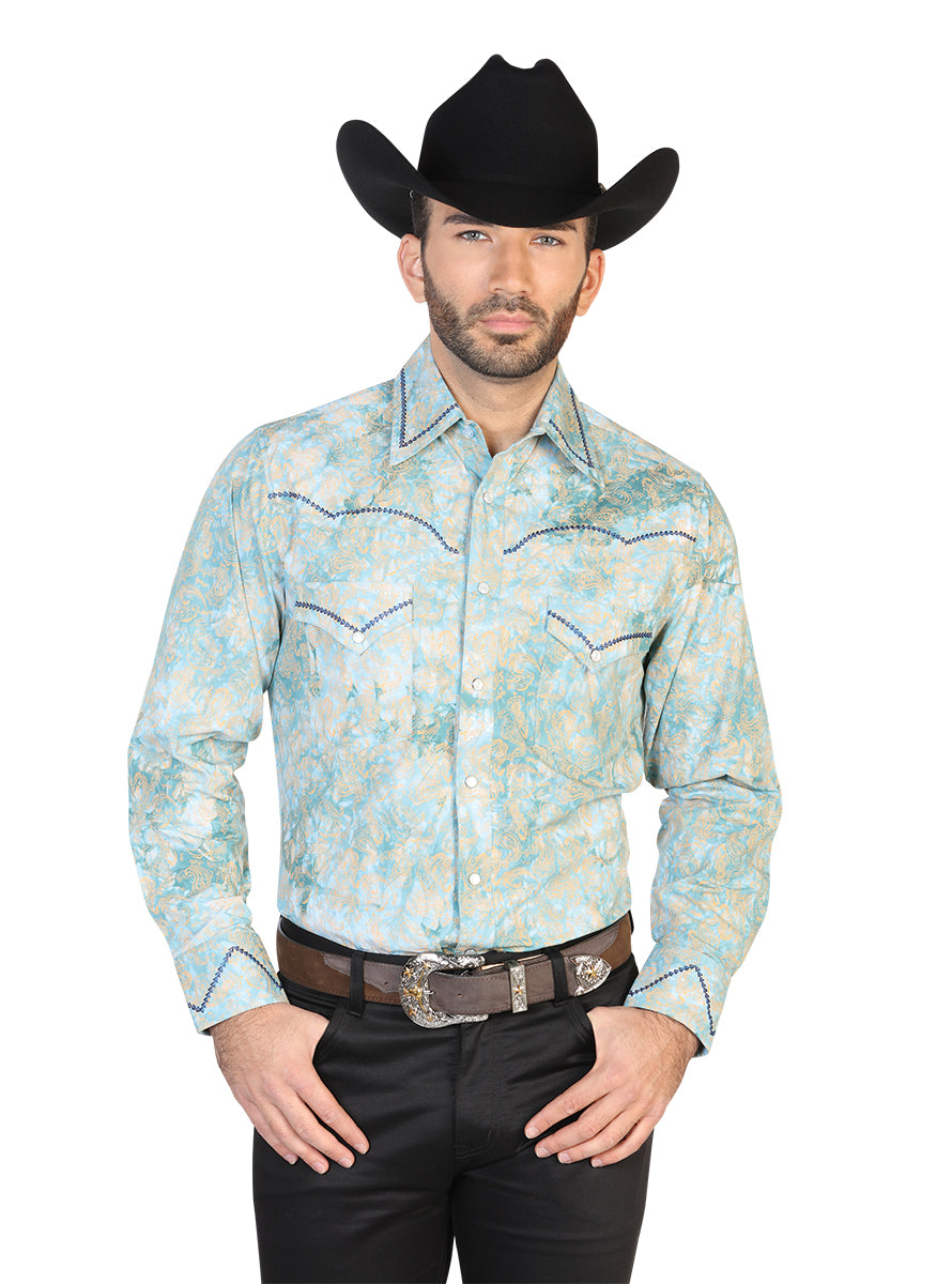 Camisa Manga Larga El General Vaquera Estampada/Bordada % Cotton Verde Obscuro