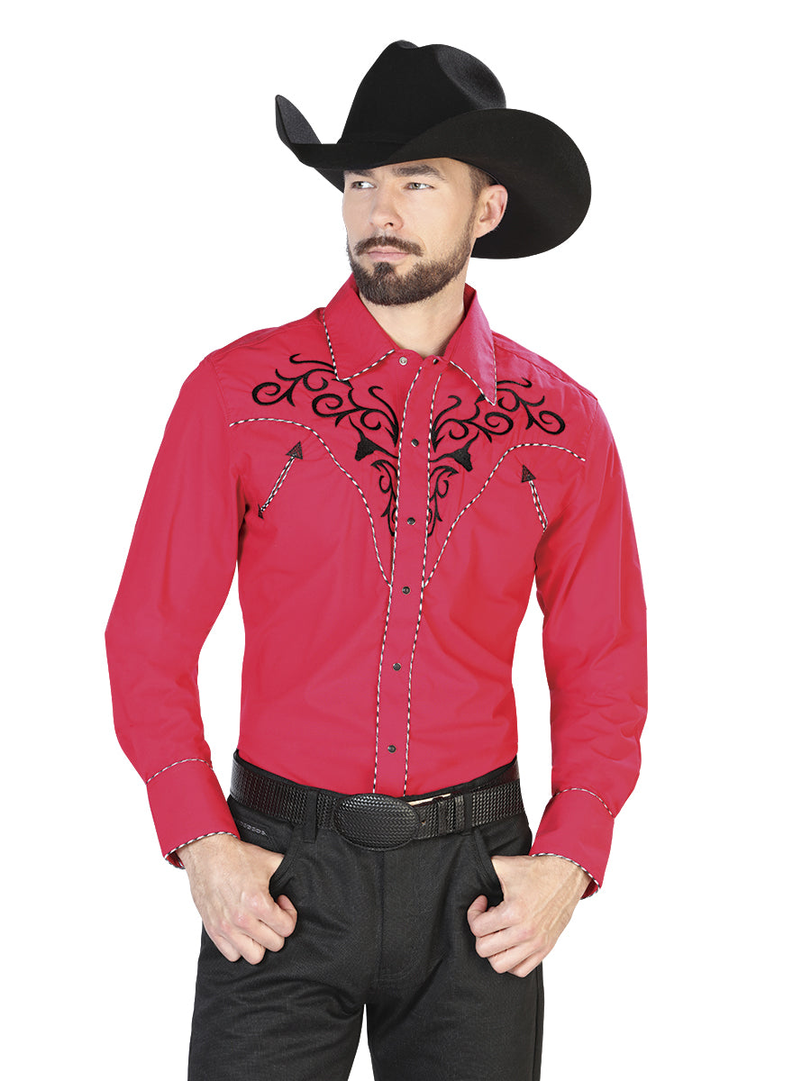 Camisa Manga Larga El General Bordado Vaquero Rojo/Negro