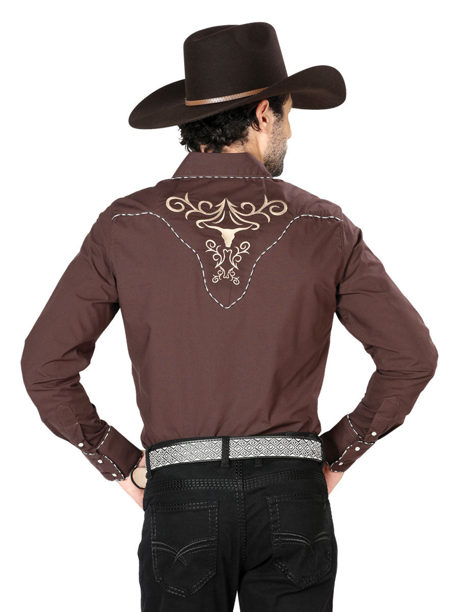 Camisa Vaquera de Hombre El Señor de los Cielos Manga Larga Bordada Casual en 65% Poliéster 35% Algodón Color Café/Dorado 42891