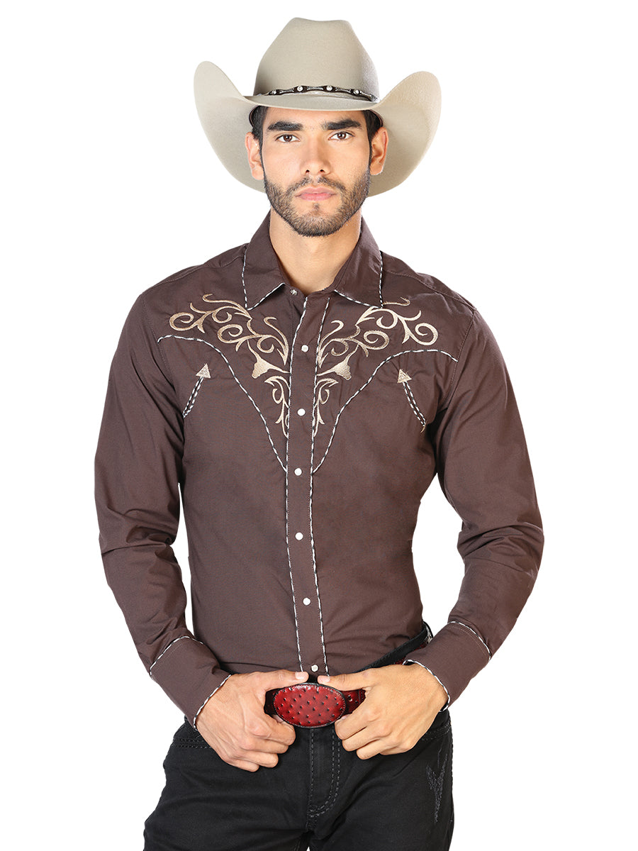 Camisa Vaquera de Hombre El Señor de los Cielos Manga Larga Bordada Casual en 65% Poliéster 35% Algodón Color Café/Dorado 42891