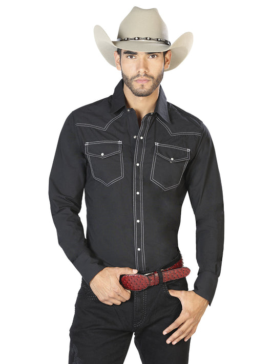 Camisa Vaquera de Hombre El Señor de los Cielos Manga Larga Bordada Casual en 65% Poliéster 35% Algodón Color Negro 42893