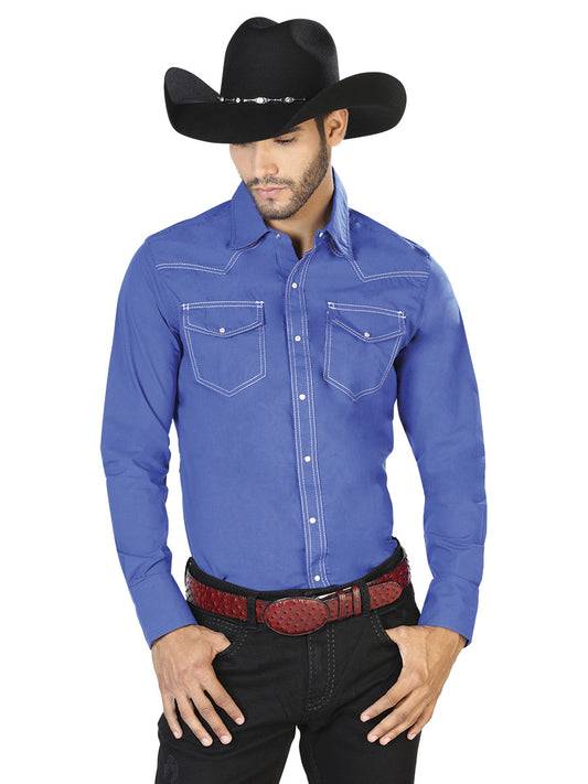 Camisa Vaquera de Hombre El Señor de los Cielos Manga Larga Bordada Casual en 65% Poliéster 35% Algodón Color Azul Rey 42894