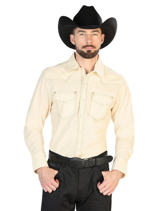 Camisa Vaquera de Hombre El Señor de los Cielos Manga Larga Bordada Casual en 65% Poliéster 35% Algodón Color Beige 42900