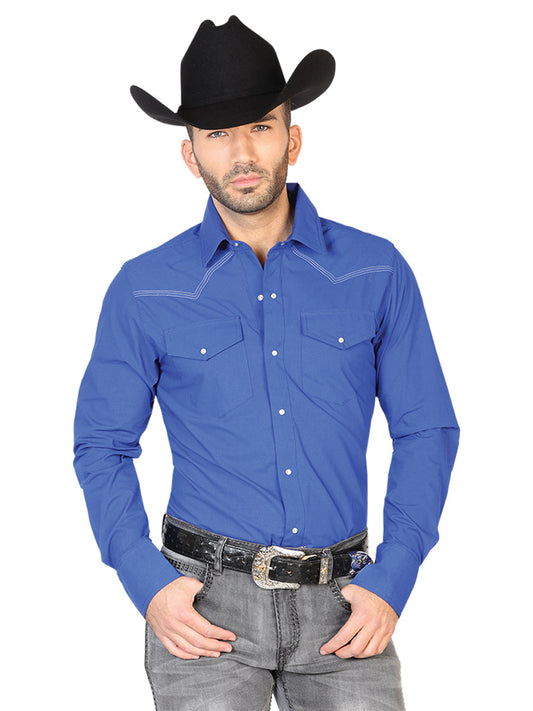 Camisa Vaquera de Hombre El Señor de los Cielos Manga Larga Bordada Casual en 65% Poliéster 35% Algodón Color Azul Rey 42912