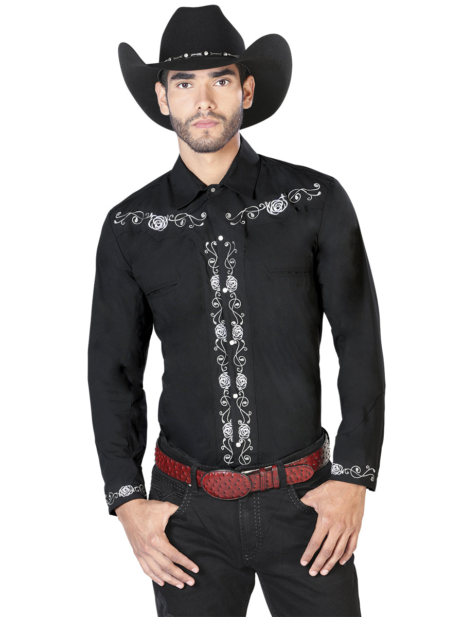 Camisa Manga Larga El General Bordado Vaquero Negro/Blanco