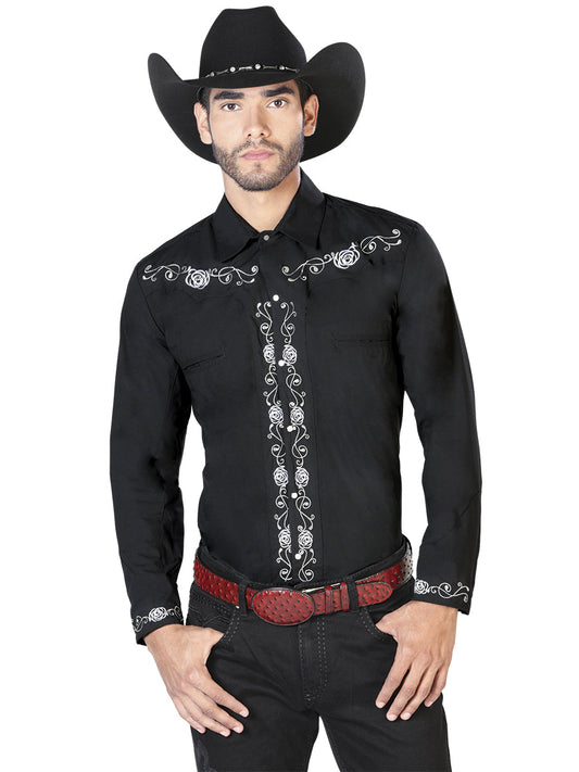 Camisa Vaquera de Hombre El Señor de los Cielos Manga Larga Bordada Casual en 65% Poliéster 35% Algodón Color Negro/Blanco 42937