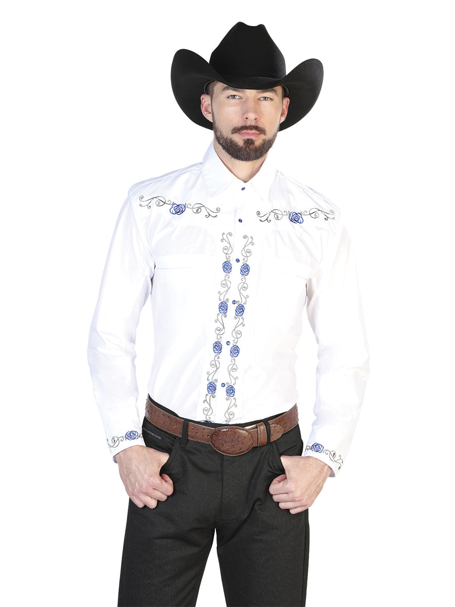 Camisa Manga Larga El General Bordado Vaquero Blanco/Azul