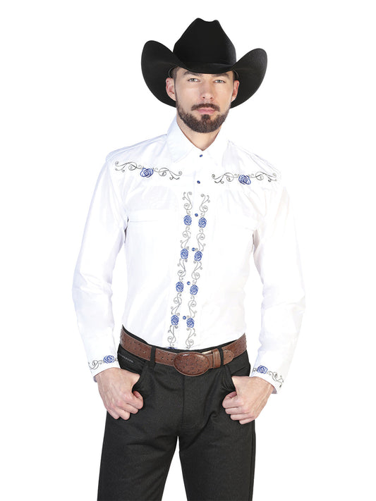 Camisa Vaquera de Hombre El Señor de los Cielos Manga Larga Bordada Casual en 65% Poliéster 35% Algodón Color Blanco/Azul 42938