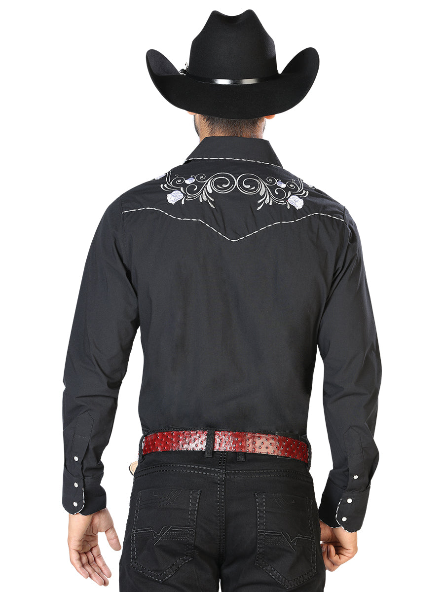 Camisa Manga Larga El General Bordado Vaquero Negro/Blanco