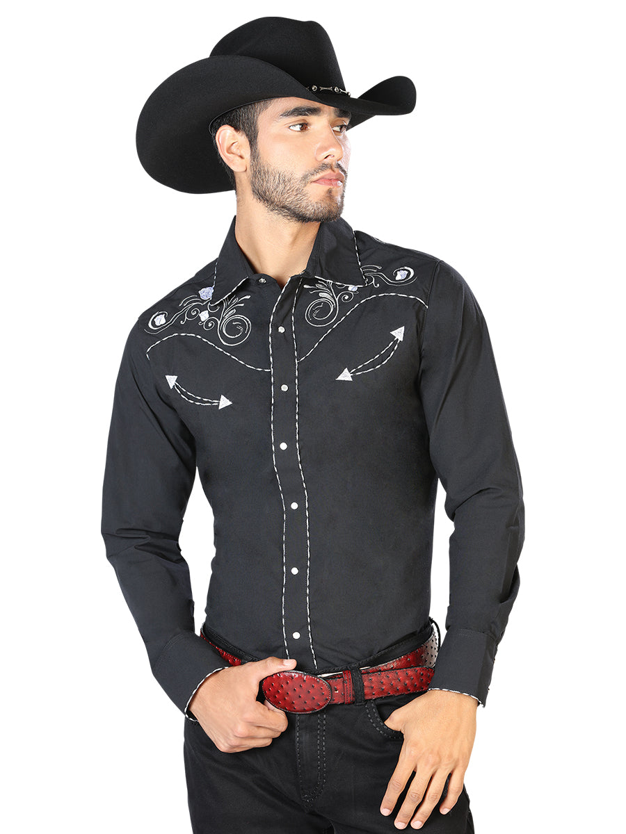 Camisa Manga Larga El General Bordado Vaquero Negro/Blanco