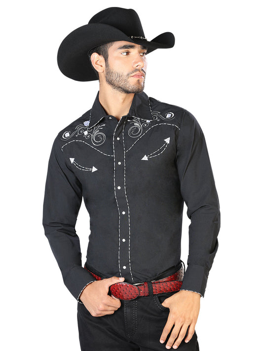 Camisa Vaquera de Hombre El Señor de los Cielos Manga Larga Bordada Casual en 65% Poliéster 35% Algodón Color Negro/Blanco 42940