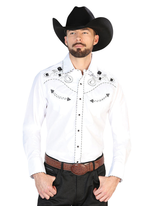 Camisa Vaquera de Hombre El Señor de los Cielos Manga Larga Bordada Casual en 65% Poliéster 35% Algodón Color Blanco/Negro 42941