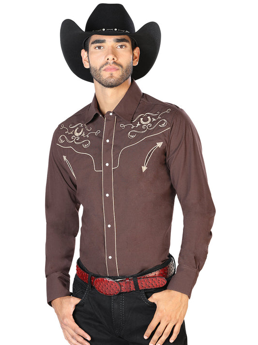 Camisa Vaquera de Hombre El Señor de los Cielos Manga Larga Bordada Casual en 65% Poliéster 35% Algodón Color Café 42943