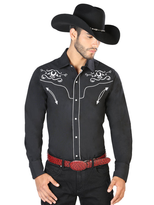 Camisa Vaquera de Hombre El Señor de los Cielos Manga Larga Bordada Casual en 65% Poliéster 35% Algodón Color Negro/Blanco 42945