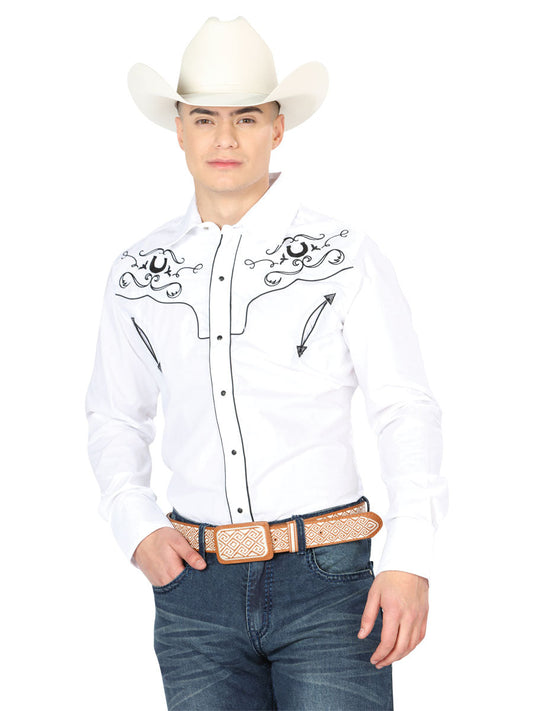 Camisa Vaquera de Hombre El Señor de los Cielos Manga Larga Bordada Casual en 65% Poliéster 35% Algodón Color Blanco/Negro 42946