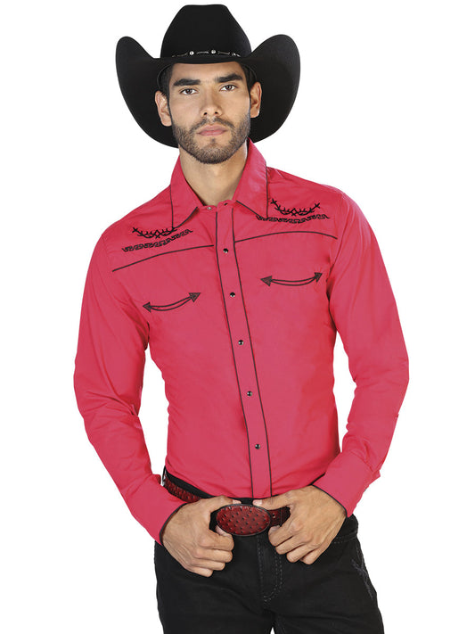 Camisa Vaquera de Hombre El Señor de los Cielos Manga Larga Bordada Casual en 65% Poliéster 35% Algodón Color Rojo 42952