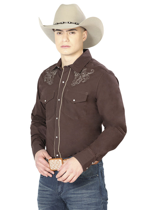 Camisa Vaquera de Hombre El Señor de los Cielos Manga Larga Bordada Casual en 65% Poliéster 35% Algodón Color Café 42953