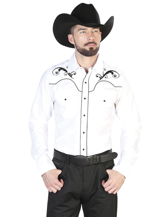 Camisa Vaquera de Hombre El Señor de los Cielos Manga Larga Bordada Casual en 65% Poliéster 35% Algodón Color Blanco/Negro 42957