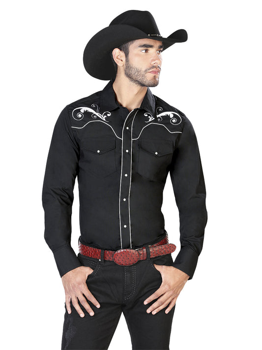 Camisa Vaquera de Hombre El Señor de los Cielos Manga Larga Bordada Casual en 65% Poliéster 35% Algodón Color Negro/Blanco 42958
