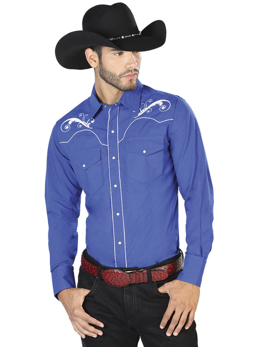 Camisa Vaquera de Hombre El Señor de los Cielos Manga Larga Bordada Casual en 65% Poliéster 35% Algodón Color Azul Rey 42959