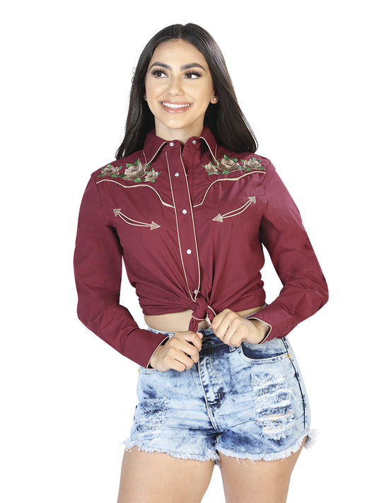 Camisa Vaquera de Mujer El Señor de los Cielos Manga Larga Bordada en 65% Poliéster 35% Algodón Color Vino 42965