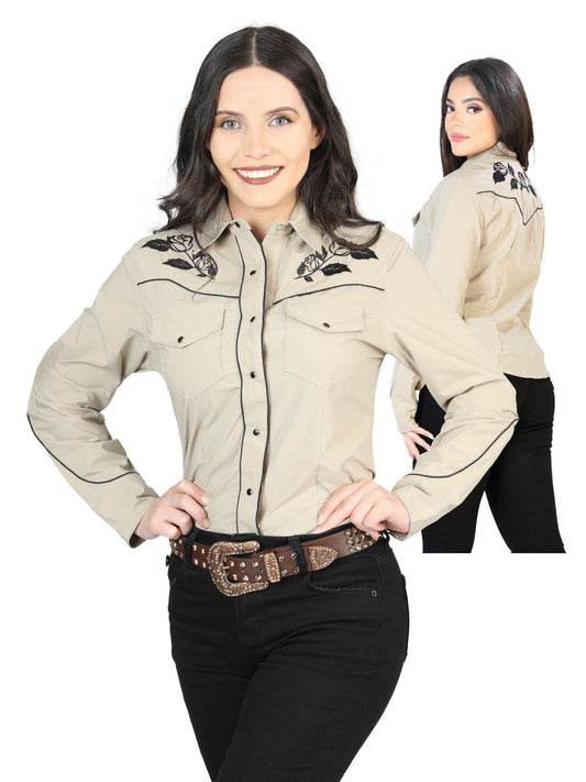 Camisa Vaquera de Mujer El Señor de los Cielos Manga Larga Bordada en 65% Poliéster 35% Algodón Color Khaki 42969