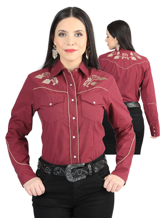 Camisa Vaquera de Mujer El Señor de los Cielos Manga Larga Bordada en 65% Poliéster 35% Algodón Color Vino 42971