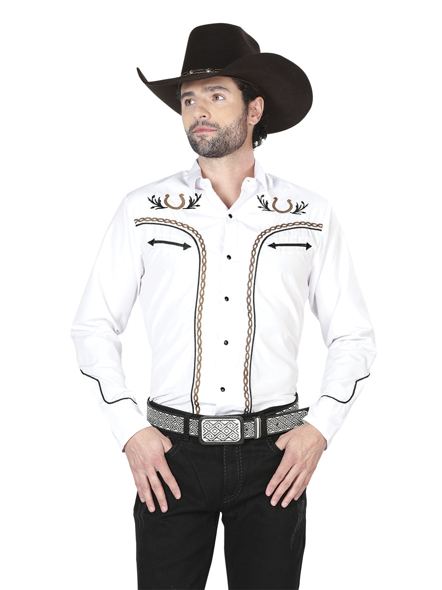 Camisa Manga Larga El General Bordado Vaquero Blanco/Dorado