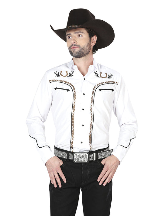 Camisa Vaquera de Hombre El General Manga Larga Bordada Casual en 65% Poliéster 35% Algodón Color Blanco/Dorado 43296