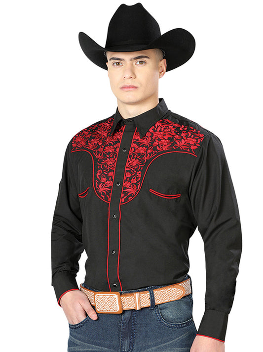 Camisa Vaquera de Hombre El Señor de los Cielos Manga Larga Bordada Casual en 65% Poliéster 35% Algodón Color Negro/Rojo 43297