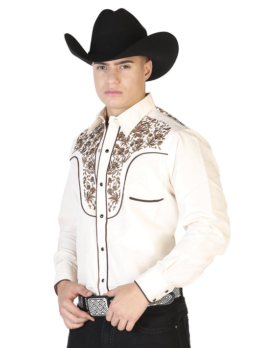 Camisa Vaquera de Hombre El Señor de los Cielos Manga Larga Bordada Casual en 65% Poliéster 35% Algodón Color Beige/Dorado 43299