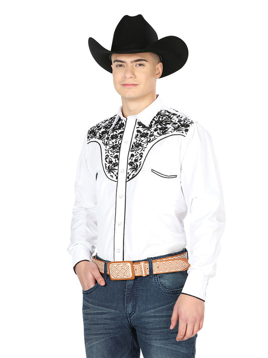 Camisa Vaquera de Hombre El Señor de los Cielos Manga Larga Bordada Casual en 65% Poliéster 35% Algodón Color Blanco/Negro 43300
