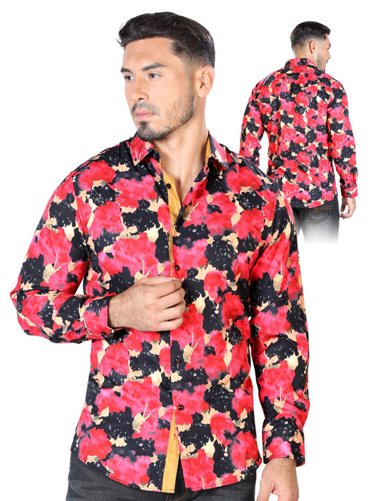 Camisa Vaquera de Hombre El Señor de los Cielos Manga Larga Casual en 97% Poliéster 3% Spandex Color Rojo/Negro 43446