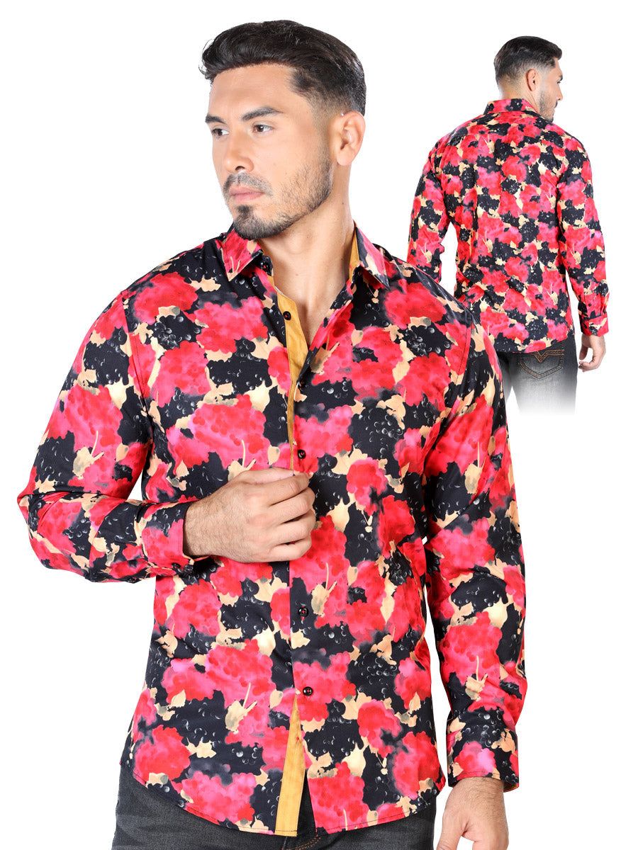 Camisa Vaquera de Hombre El Señor de los Cielos Manga Larga Casual en 97% Poliéster 3% Spandex Color Rojo/Negro 43446