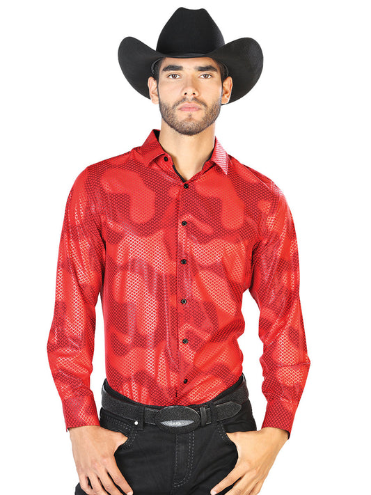 Camisa Vaquera de Hombre El Señor de los Cielos Manga Larga Casual en 97% Poliéster 3% Spandex Color Rojo/Negro 43468