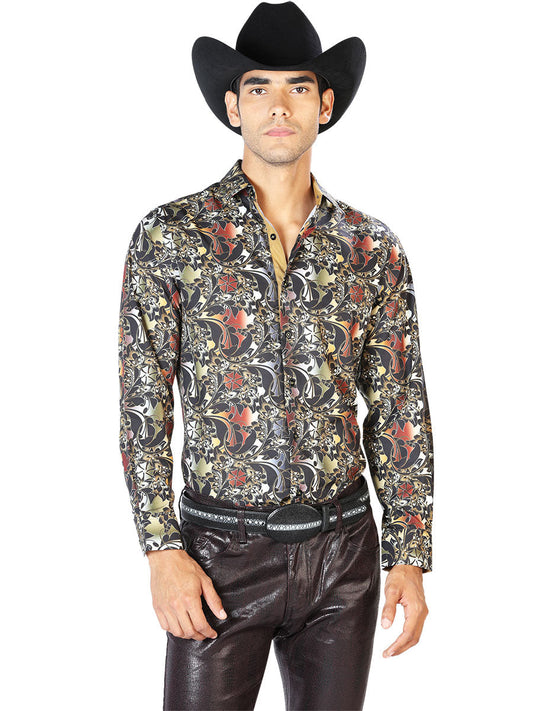 Camisa Vaquera de Hombre El Señor de los Cielos Manga Larga Casual en 97% Poliéster 3% Spandex Color Negro/Café 43539