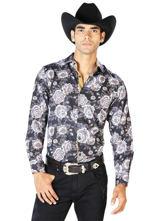 Camisa Vaquera de Hombre El Señor de los Cielos Manga Larga Casual en 97% Poliéster 3% Spandex Color Negro/Beige 43540