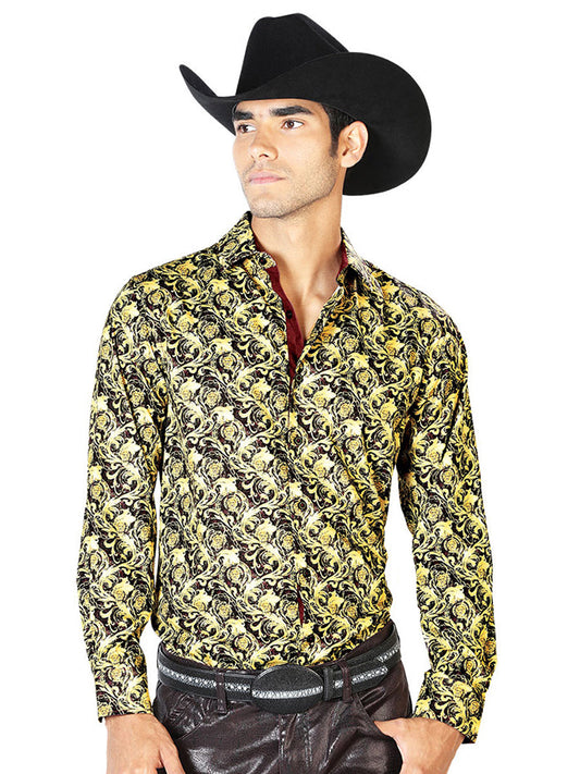 Camisa Vaquera de Hombre El Señor de los Cielos Manga Larga Casual en 97% Poliéster 3% Spandex Color Negro/Beige 43542