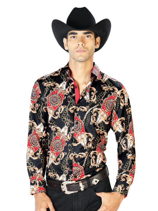 Camisa Vaquera de Hombre El Señor de los Cielos Manga Larga Casual en 97% Poliéster 3% Spandex Color Negro/Dorado 43543