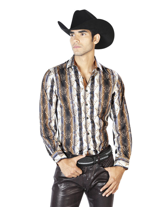 Camisa Vaquera de Hombre El Señor de los Cielos Manga Larga Casual en 97% Poliéster 3% Spandex Color Negro/Café 43546