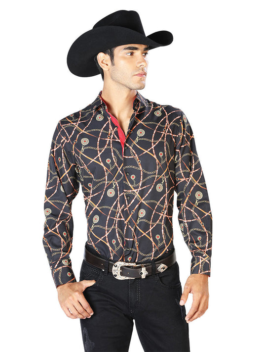 Camisa Vaquera de Hombre El Señor de los Cielos Manga Larga Casual en 97% Poliéster 3% Spandex Color Negro/Dorado 43547