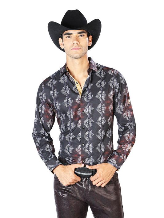 Camisa Vaquera de Hombre El Señor de los Cielos Manga Larga Casual en 97% Poliéster 3% Spandex Color Negro/Gris 43548