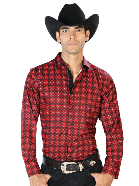 Camisa Vaquera de Hombre El Señor de los Cielos Manga Larga Casual en 97% Poliéster 3% Spandex Color Rojo 43552